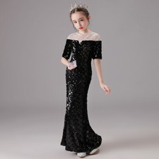 Glitter Sequins Illusion Neck Fitted Mermaid Ball Gown Dress Evening Princess