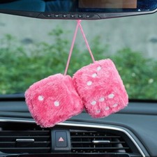 Car Rear View Mirror Hanging Ornament Fuzzy Plush Dice Pair Pink Auto Decoration