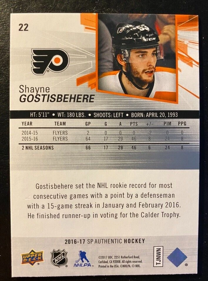 Shayne Gostisbehere 2016-17 SP Authentic Hockey UD #22 Philadelphia Flyers - Image 2 of 2