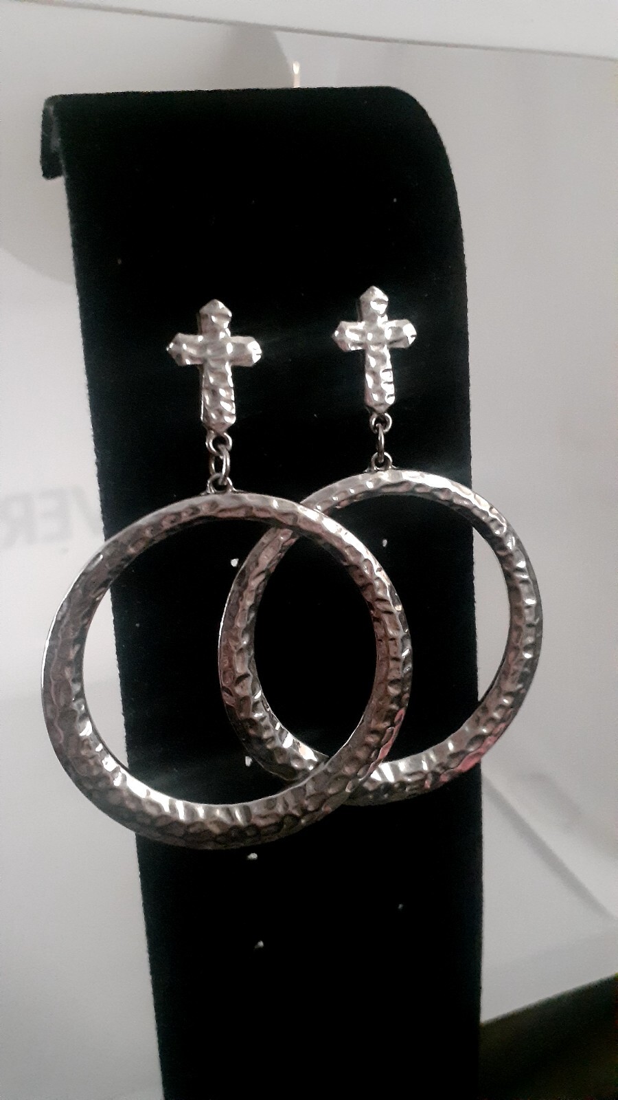 Cross Hoop Dangle/drop Hammered Silvertone Statem… - image 3