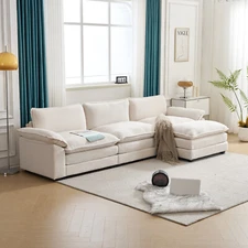 LEADZM Modular Sofa Couch 3-Seat with 1 Ottoman Teddy Fleece White