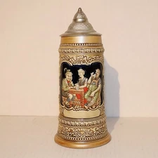 Budweiser German Tavern Scene Lidded Stein Ceramarte  Height 9 3/4