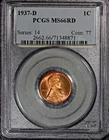 1937-D Lincoln Cent, PCGS MS66 Red, Older Holder