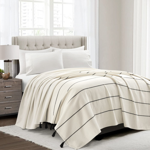 Farmhouse Boho Stripe Woven Tassel Yarn Dyed Cotton Coverlet, Full/Queen, Ivo...