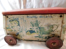 Vintage 1940s Gong Bell Healthy Milk Co. Dairy Cow Tin Litho Pull Toy Truck