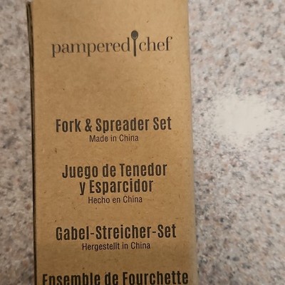 Pampered Chef 2pc Fork & Spreader Set Stainless Steel w/ Wood Handles 7in
