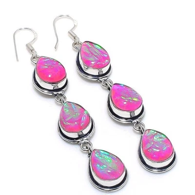 Boucles d'oreilles bijou fait main en argent 925 pierre précieuse opale... - Photo 1/3