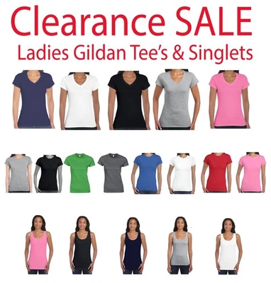 Ladies Singlet T-Shirt V-Neck Plain Gildan Women COTTON Clearance 8-18 - image 1 of 3