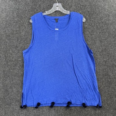 J Crew Tank Top Women's XL Blue 100% Linen Scoop Neck Tassel Hem Pom Pom Trim