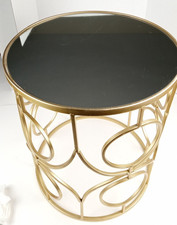 Gold-tone Metal Accent Side End Table Round Mirrored Top Modern 15" dia x 18" H
