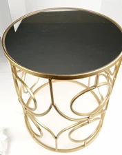 Gold-tone Metal Accent Side End Table Round Mirrored Top Modern 15" dia x 18" H