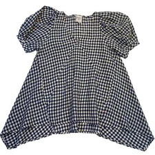 Noble 31 Blue & White Linen Check Asymmetrical Puff Sleeves Tunic Top V-Neck   M