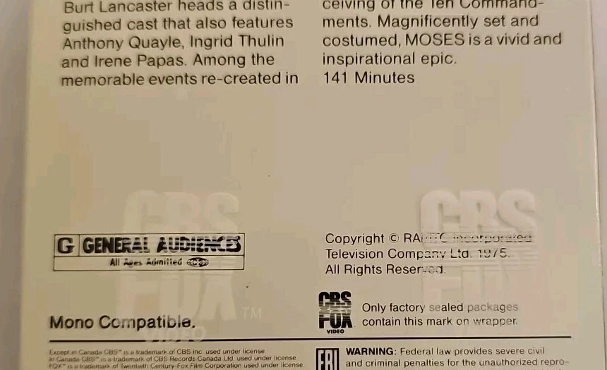 Moses VHS SEALED Watermarks CBS Fox NO BARCODE Burt Lancaster Anthony Quayle VTG - Image 4 of 4