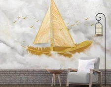 3D Gold Sailboat Bird Self-adhesive Removeable Wallpaper Wall Mural