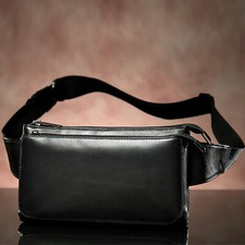 Men's Genuine Leather Waist Bag Multi-Pocket Belt Bag Travel Fanny Pack Black