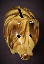 VERY RARE ANTIQUE 1800s HOLE-EYED SMALL MOCHA PIG BANK YELLOW WARE MINT