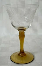 Vintage Mid Century AMBER Stem Clear Top LIQUOR COCKTAIL Glass CUT FLORAL 4~5/8"