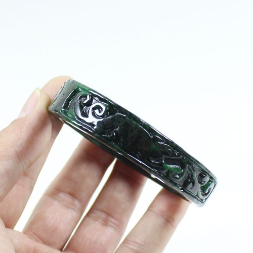 63mm Chinese Hand-carved Green Black Jadeite Jade Gems Bangle Bracelet j7784 - Picture 7 of 11