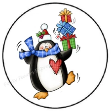 PENGUIN BALANCING CHRISTMAS PRESENT ENVELOPE SEALS LABELS STICKERS PARTY FAVORS