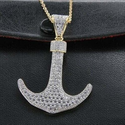 Real Moissanite 2Ct Round Cut Anchor Pendant Charm 14K Yellow Gold Plated