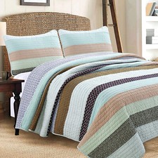 Nesco Striped Purple Green Brown Cotton 3-Piece Quilt Set, Bedspread, Coverlet