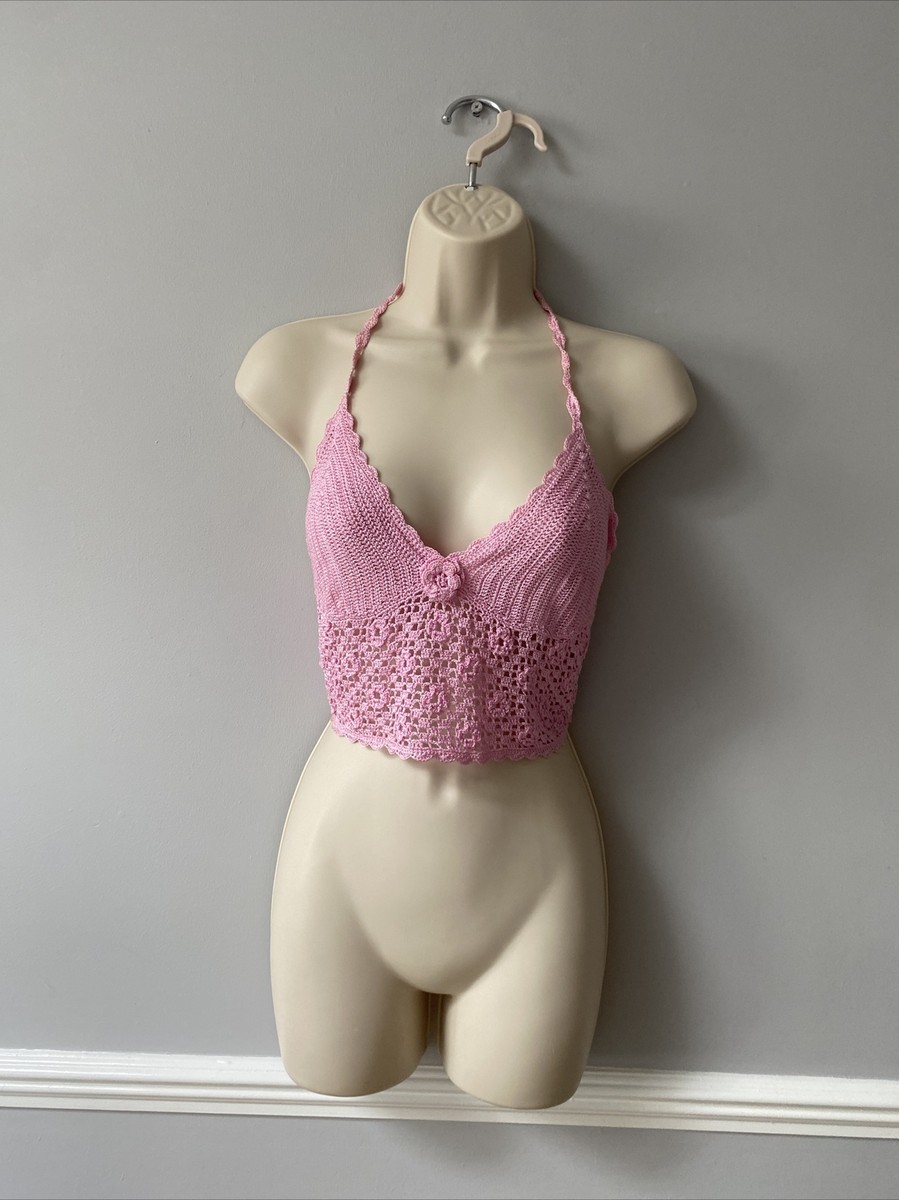 Jane Norman Pink Crochet Halter Neck Crop Top Size 10 UK