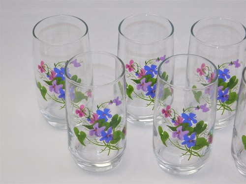 Set Of 7 Vtg Avon Wild Violets 8 Oz Glass Flat Tumblers J Walsh - Picture 3 of 9
