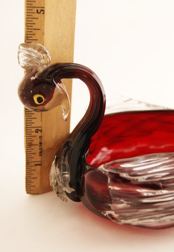 Vintage Hand-Blown Murano Art Glass Red Swan Clear Applied Wings Dish 7" - Picture 6 of 6