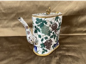 Large Unique Cloisonné Teapot,  8 1/2 Tall, Squirrel on Top Of Lid