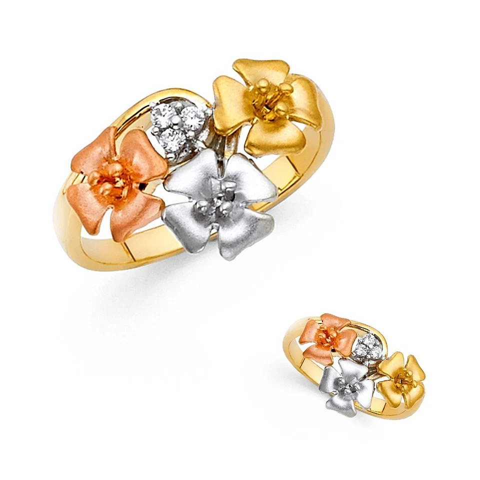 ORO - 14K Anillo Flor Elegante Circonita Cúbica Oro Tricolor Foto 2 de 4
