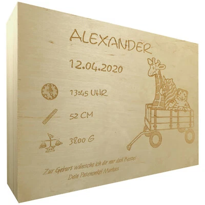 HANDGEFERTIGT Erinnerungskiste Holzkiste personalisiert Geschenk zur Taufe Geburt Bollerwagen