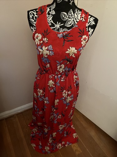 New LILDY Size S/M Round Hem Maxi Dress POCKETS Sleeveless Red/floral Hawaii - 第 2/3 張圖片
