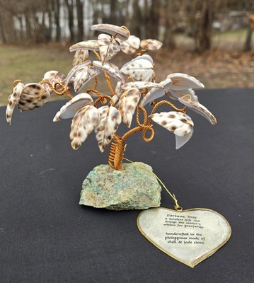 Vintage 5.5 In Fortune Copper & Carved Sea Shell Tree On Jade Stone Original Tag