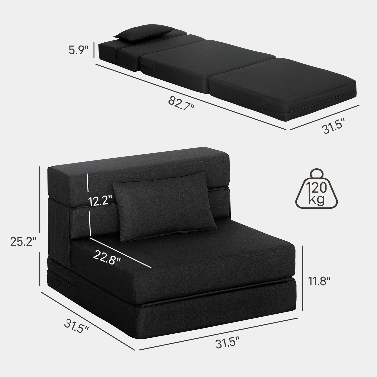 HOMCOM Folding Sofa Bed, Sleeper Chair with Pillow, Black