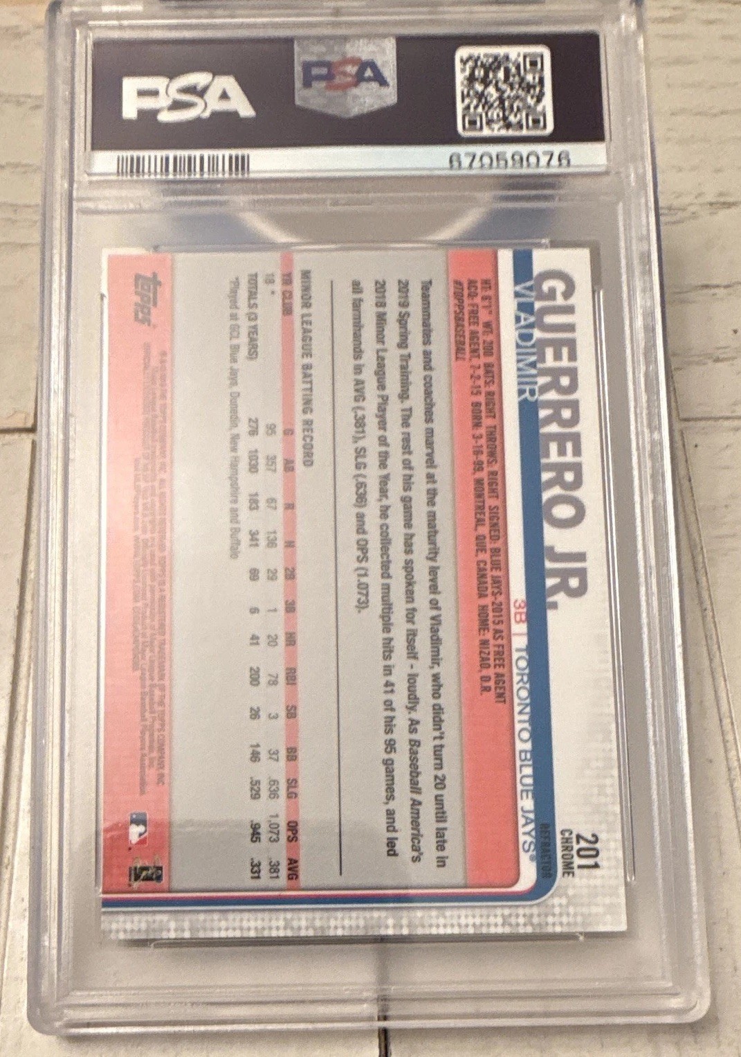 Topps 2019 Chrome Vladimir Guerrero Jr. RC Sepia Refractor #201 PSA 10 Jays view 2