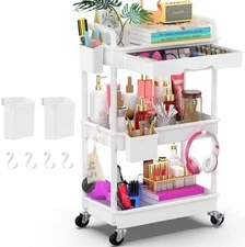 3-Tier Rolling Utility Cart Organizer with Removable Drawer & Lockable Wheels