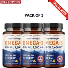3 Pack Triple Strength Omega-3 Fish Oil 3600mg EPA/DHA 180 Softgels Each NEW