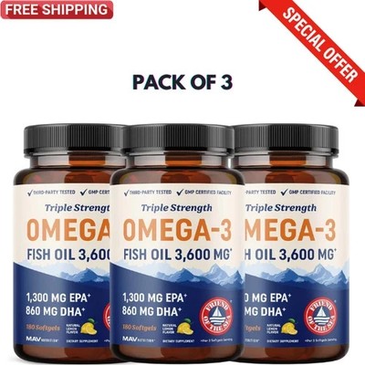 3 Pack Triple Strength Omega-3 Fish Oil 3600mg EPA/DHA 180 Softgels Each NEW