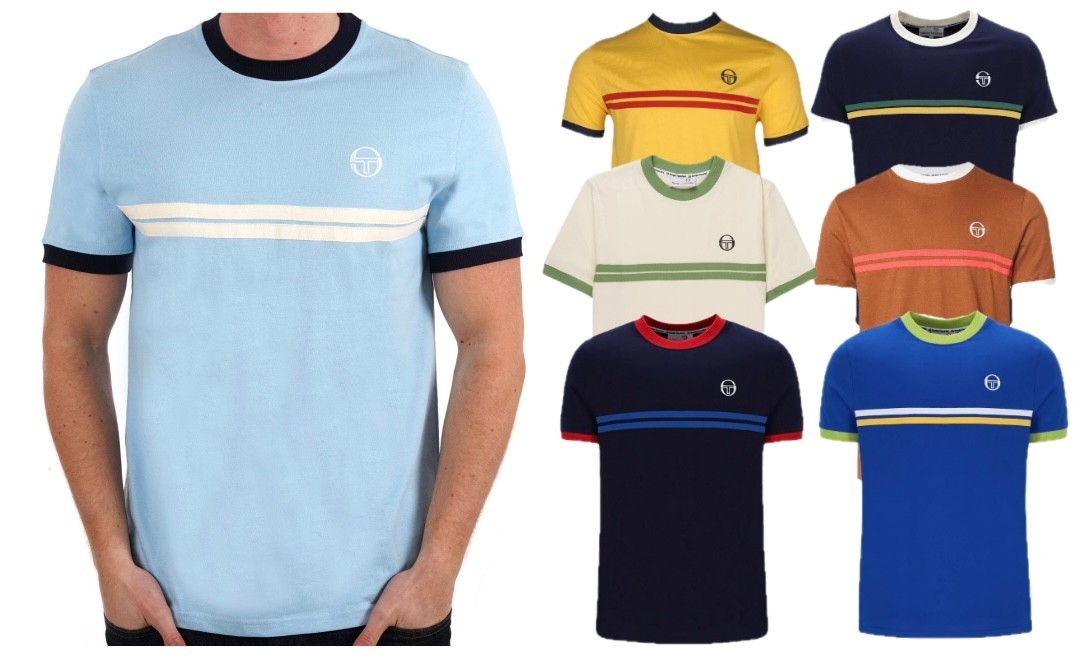 Sergio Tacchini Men's T-shirt Retro 80s Tee Cotton Stripe