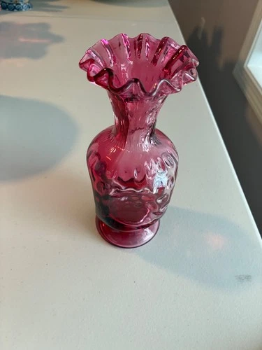 7” Fenton Cranberry Dot Optic Pinch Vase Crimped Rim 7 1/4” H