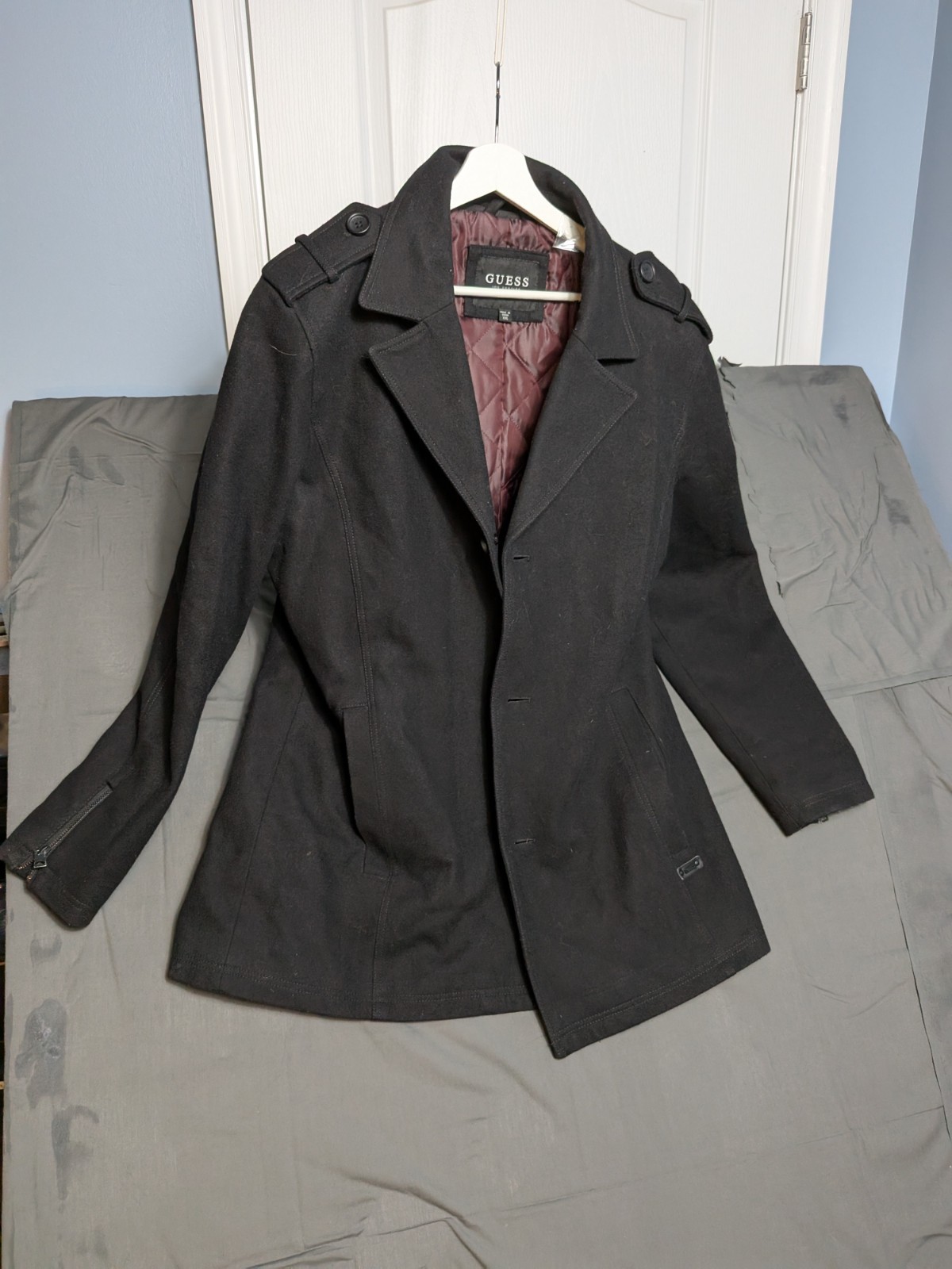 Guess Wool Blend Coat Mens Size XL Button Front Black Jacket Insulated