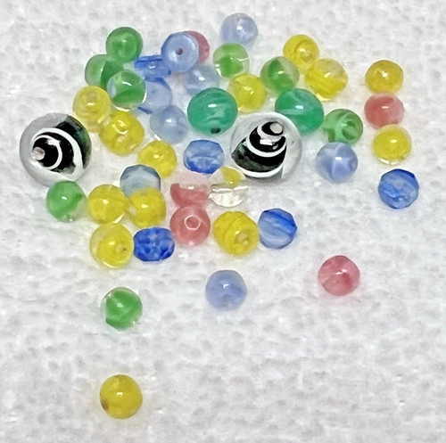 44 Vintage Swirled Glass Beads Yellow Pink Blue Green Black 3/16-3/8 Rounds