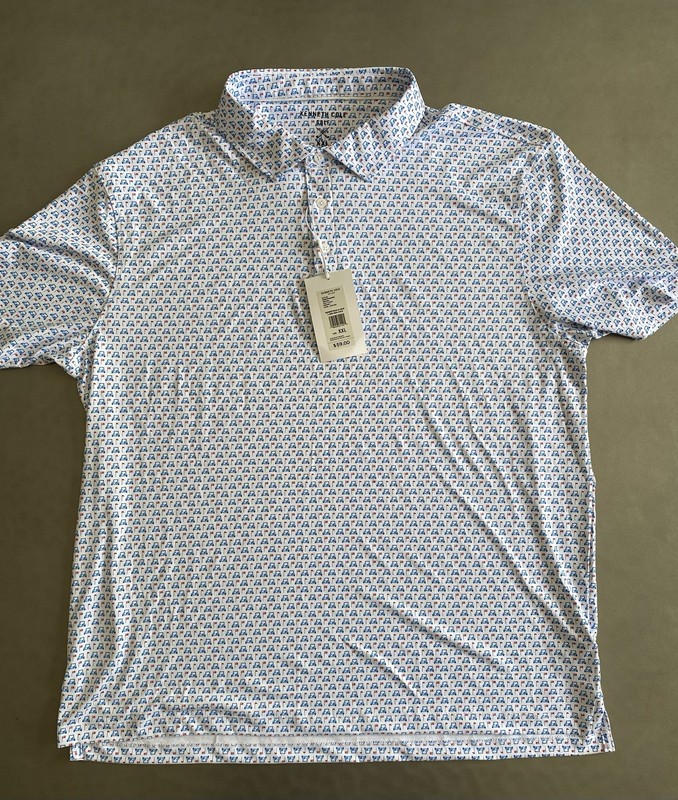 Golf Polo Shirt Kenneth Cole White/Blue Golf Carts Mens 2XL SS NWT Rapid Ship🔥