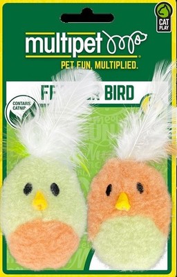 Multipet Fleece Feather Bird w Catnip 5'' - 2 on  Card. 2 Color Choices.  New.