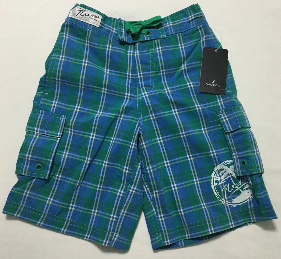 Nautica Jungen blau/grün kariert gefüttert Boardshorts Badehose Größe 4T neu aus altem Lagerbestand neu mit Etikett