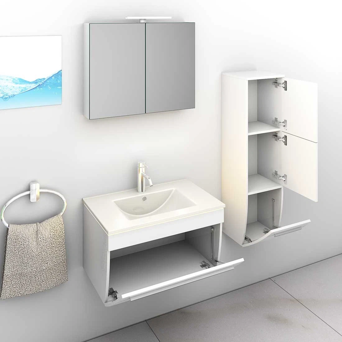 Badmöbel Set Gently 3 V2-R Weiß/Grau Badezimmermöbel Badspiegel Waschtisch 70 cm