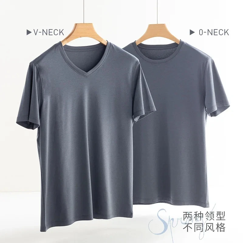 Men's High-end Fabric Silk Mercerized Cotton T-shirt Crew Neck Luxury Tee Short - Image 2 of 4