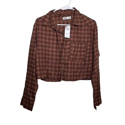 Hollister Top Women's XS Brown Flannel Button Up Cropped Plaid Long Sleeve NWT