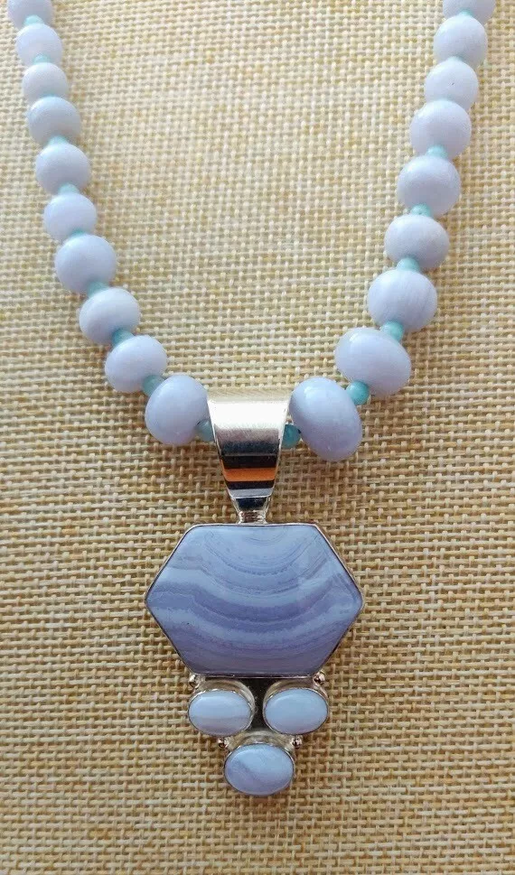 Charged Brazilian Natural Blue Lace Agate Pendant, Dyed + Stainless Steel  Chain | eBay