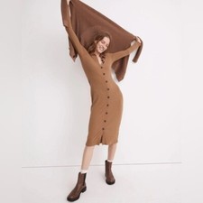 Madewell Button-Front Midi Shirtdress Kraft Brown Tan Neutral ribbed small